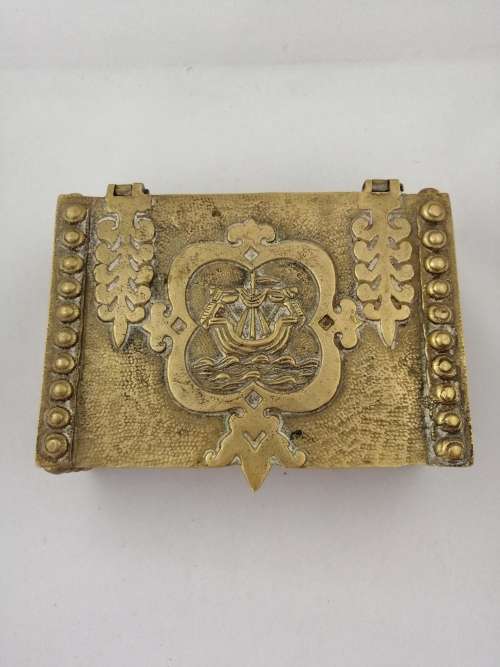 Beautiful Velvet Line Brass Trinket Box With Ship Motif! Possibly Erhard and Sohne