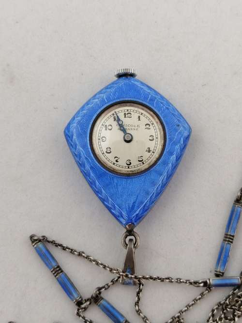 Outstanding! G Nicole Lucerne Enamel and Silver Guilloche Art Deco Pendant Watch