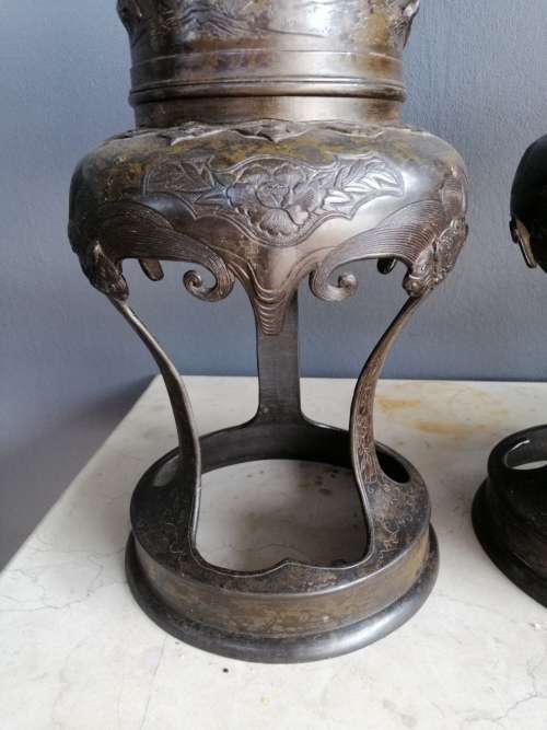 An Outstanding Pair of Japanese Meiji Period Bronze Vases on Stands