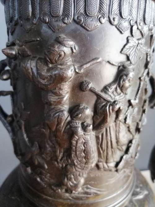 An Outstanding Pair of Japanese Meiji Period Bronze Vases on Stands
