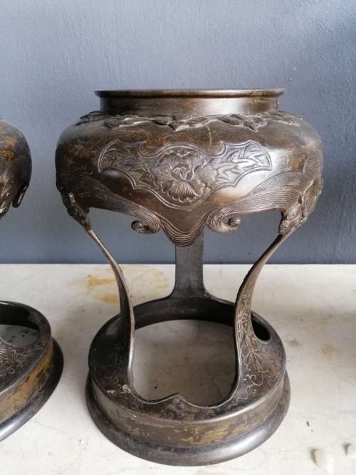 An Outstanding Pair of Japanese Meiji Period Bronze Vases on Stands
