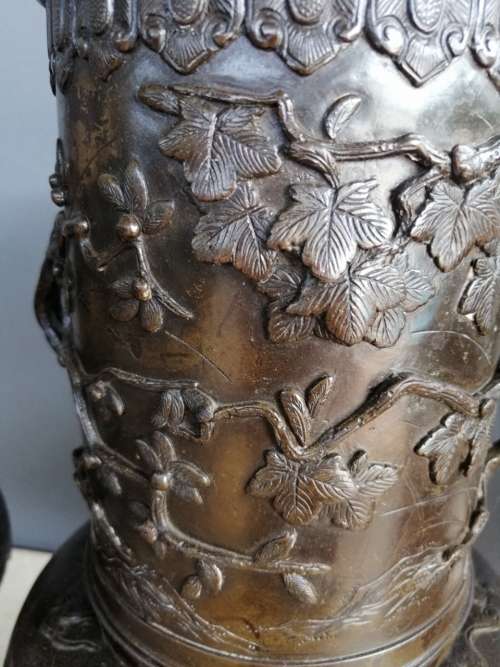 An Outstanding Pair of Japanese Meiji Period Bronze Vases on Stands