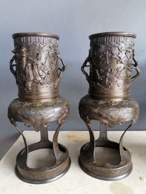 An Outstanding Pair of Japanese Meiji Period Bronze Vases on Stands
