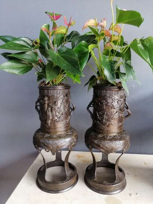 An Outstanding Pair of Japanese Meiji Period Bronze Vases on Stands