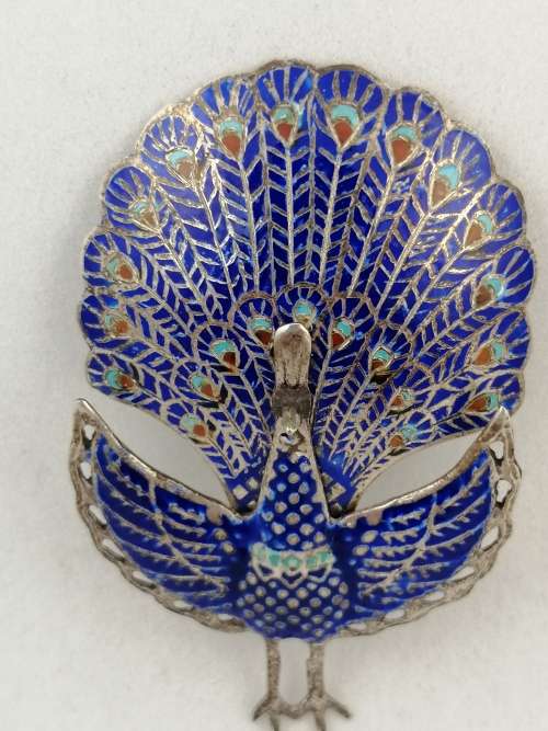 Silver and Enamel Hinged Peacock Brooch, Siam