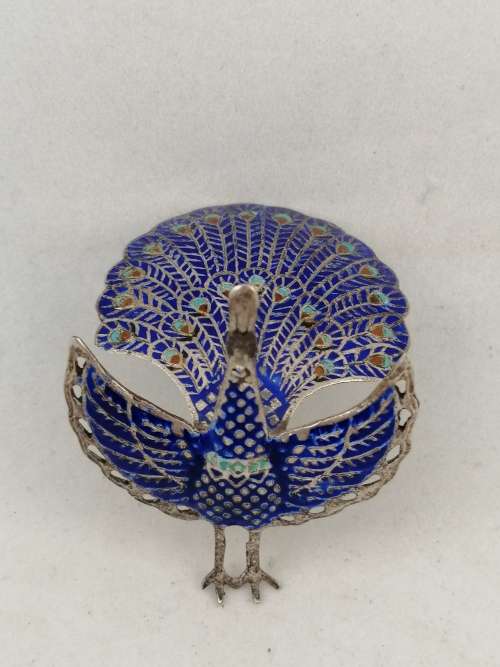 Silver and Enamel Hinged Peacock Brooch, Siam