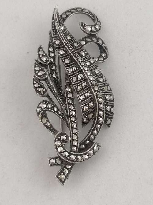 A Leaf Shaped Silver and Marcasite Brooch