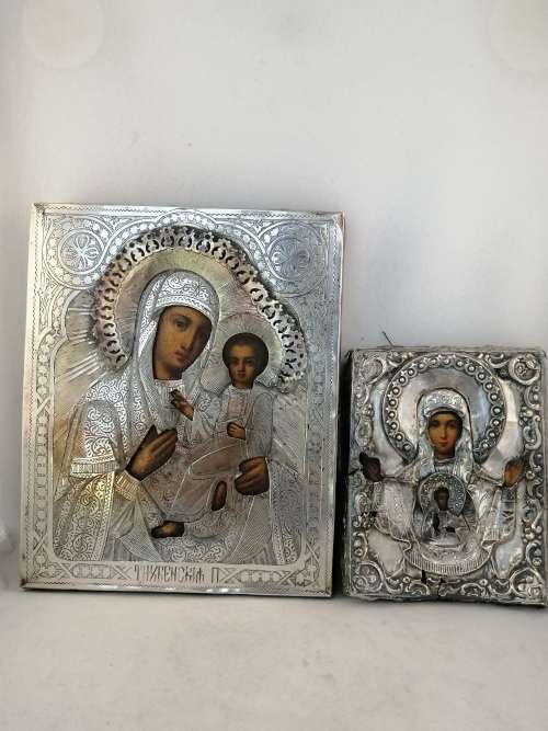 Two 19thc Russian Orthodox Silver Icons : St Petersburg and Moscow