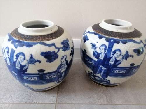A  Pair of Chinese Ovoid Blue and White Jars Kangxi Period Style