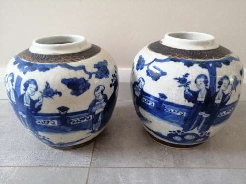 A  Pair of Chinese Ovoid Blue and White Jars Kangxi Period Style