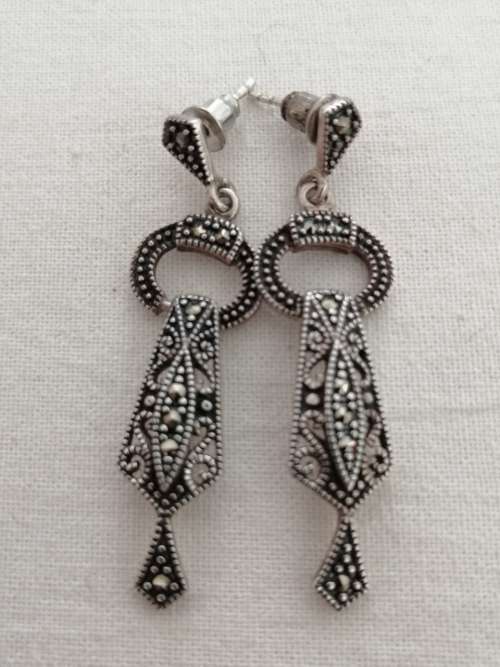 A Stunning Pair of Art Deco Silver and Marcasite Drop Earrings