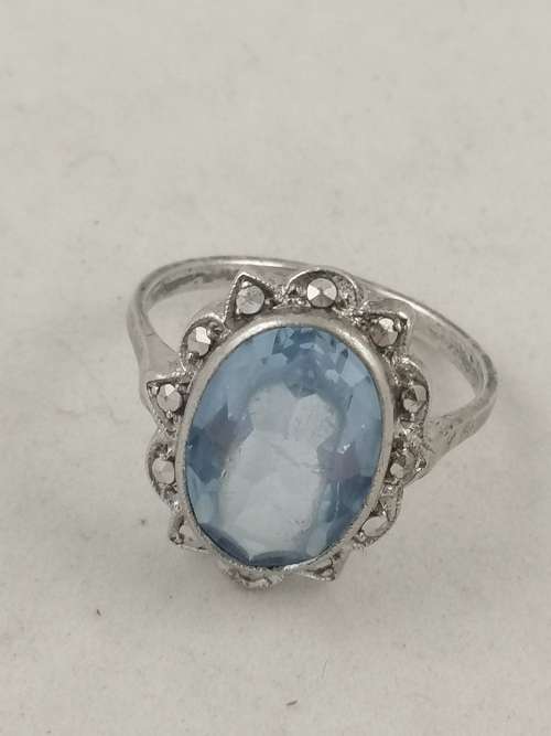 A Stunning Art Deco Sterling Silver, Marcasite and Blue Glass Ring