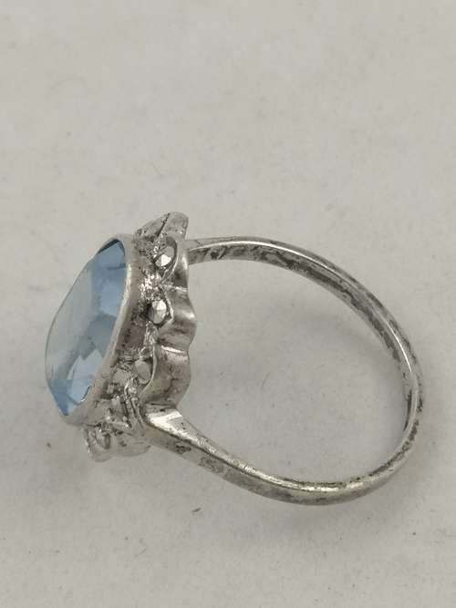 A Stunning Art Deco Sterling Silver, Marcasite and Blue Glass Ring