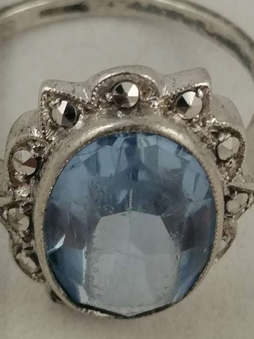 A Stunning Art Deco Sterling Silver, Marcasite and Blue Glass Ring