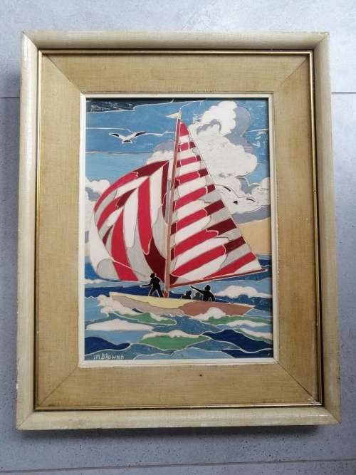 Stunning Art Work: Lino Cutout Detail Mixed Media of Sail Boats I M Browne