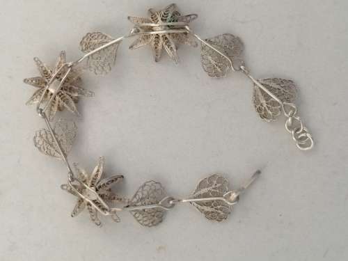 Dainty Silver Filigree Bracelet with Flowers and Hearts