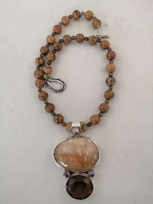 Unique Pendant Necklace with Shell,Smokey Quartz Set in Silver and Natural Stones and Pearls