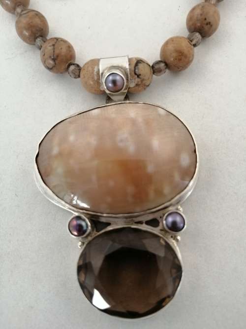Unique Pendant Necklace with Shell,Smokey Quartz Set in Silver and Natural Stones and Pearls