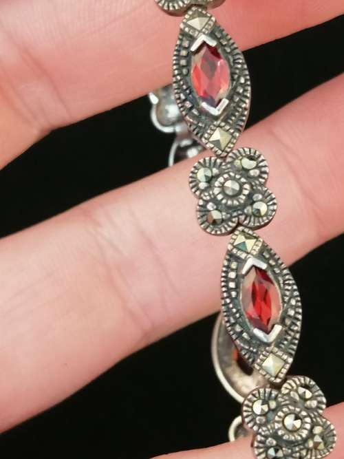 A Dainty Silver , Marcasite and Garent Bracelet