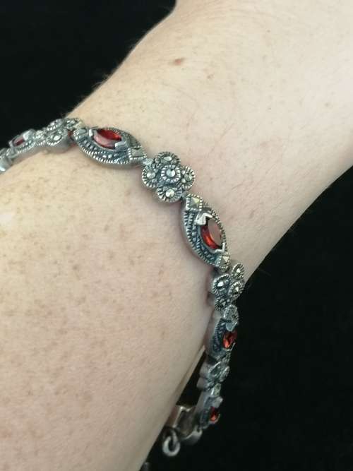 A Dainty Silver , Marcasite and Garent Bracelet