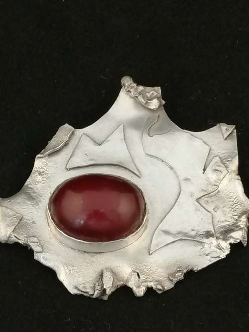 A Stunning! Modernist Silver Pendant Brooch with Deep Red Stone Marked WB