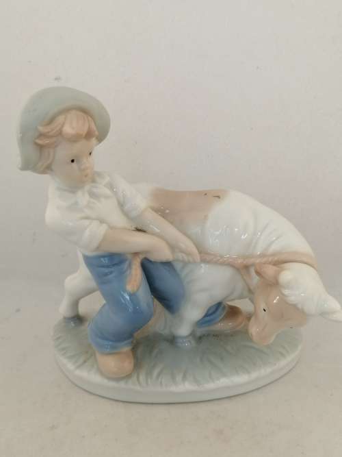 Cute Lladro Style Figure of a Boy and His Cow