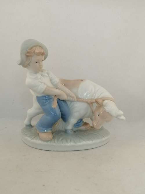 Cute Lladro Style Figure of a Boy and His Cow