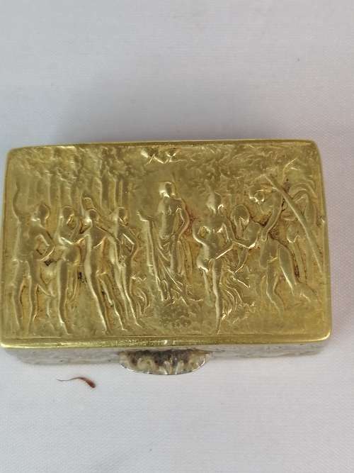 A BRASS AND SILVER PIN/SNUFF BOX RELIEF FIGURES OF PRIMAVERA BOTTICELLI ITALY
