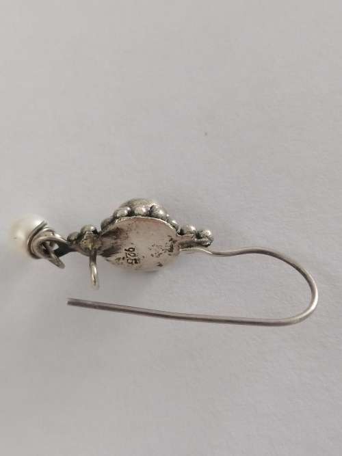 PRETTY  STERLING SILVER , AMBER AND PEARL  DROP EARRINGS