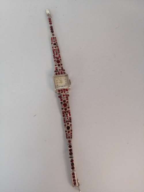 EXTREMELY SOUGHT AFTER RARE KNOLL PREGIZER ART DECO SILVER WITH RED PASTE LADIES COCKTAIL WATCH