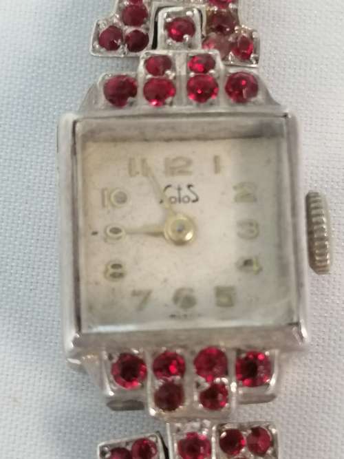 EXTREMELY SOUGHT AFTER RARE KNOLL PREGIZER ART DECO SILVER WITH RED PASTE LADIES COCKTAIL WATCH
