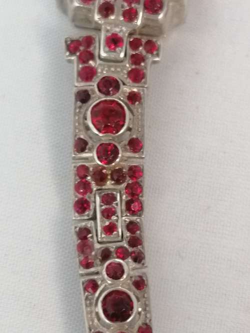 EXTREMELY SOUGHT AFTER RARE KNOLL PREGIZER ART DECO SILVER WITH RED PASTE LADIES COCKTAIL WATCH