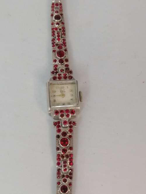 EXTREMELY SOUGHT AFTER RARE KNOLL PREGIZER ART DECO SILVER WITH RED PASTE LADIES COCKTAIL WATCH
