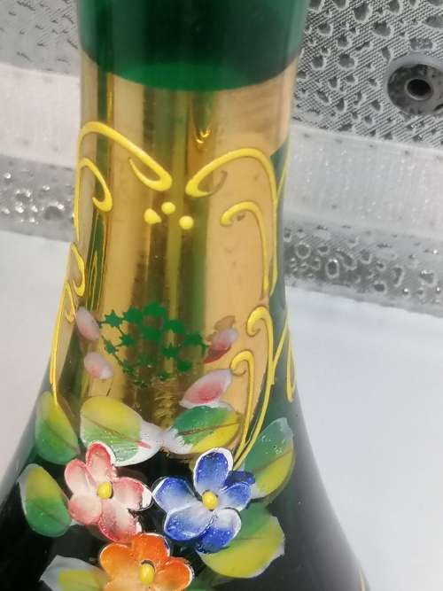 VINTAGE MURANO EMERALD GREEN  CLEAR GLASS DECANGTER SET WITH TWO VASES ACCENTED WITH 24K GOLD LEAF