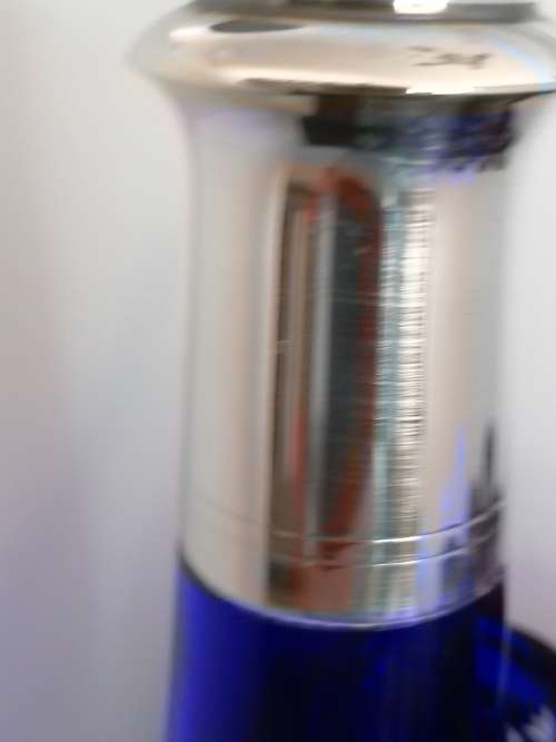 ABSOLUTLEY STUNNING HAND CUT GLASS BELGIUM SIVER COLLARED COBALT BLUE AND CLEAR GLASS DECANTER SET