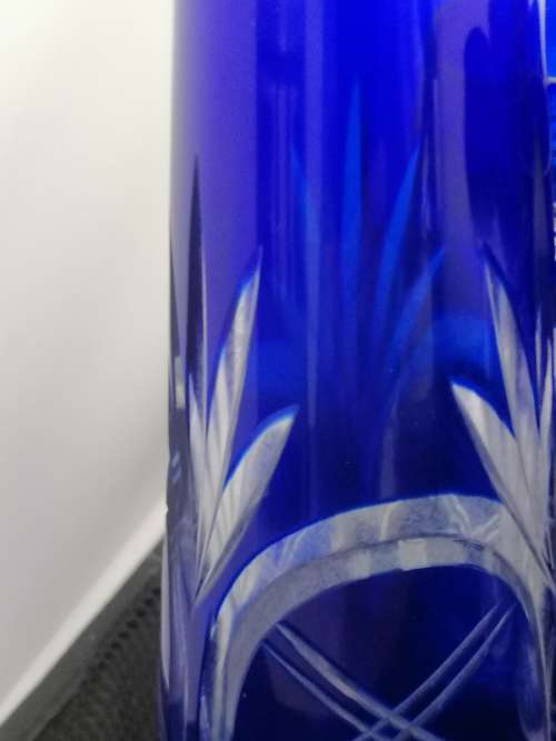 ABSOLUTLEY STUNNING HAND CUT GLASS BELGIUM SIVER COLLARED COBALT BLUE AND CLEAR GLASS DECANTER SET