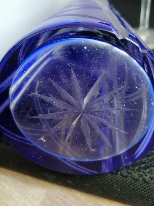 ABSOLUTLEY STUNNING HAND CUT GLASS BELGIUM SIVER COLLARED COBALT BLUE AND CLEAR GLASS DECANTER SET