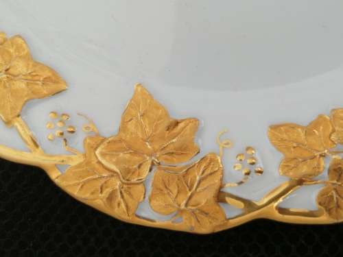 Meissen Porcelain Plate With Gilt Raised Grape Vine and Central Hand Painted Floral Spray