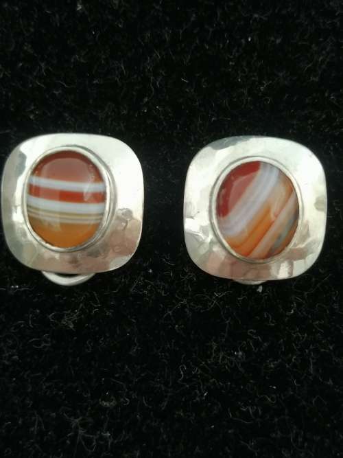 WOW!! STUNNING ERICH FREY CABOCHON AGATE PENDANT AND EARRINGS, SET IN STERLING SILVER