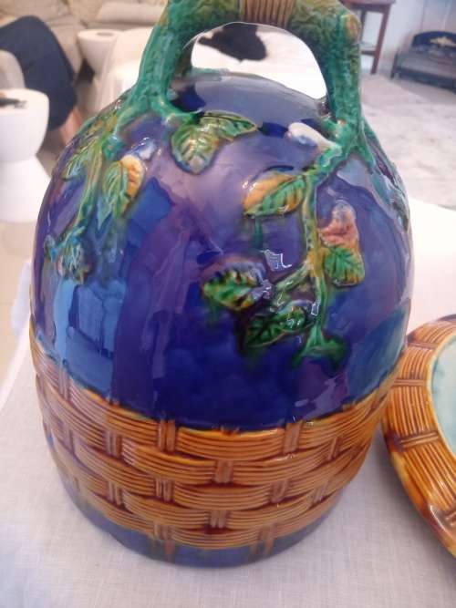 ANTIQUE MAJOLICA BEEHIVE CHEESE DOME WITH BLOSSOM AND BASKET WEAVE DECORATION