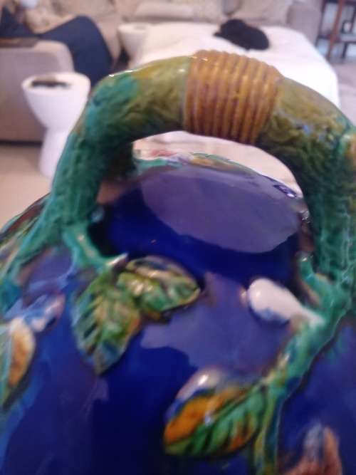 ANTIQUE MAJOLICA BEEHIVE CHEESE DOME WITH BLOSSOM AND BASKET WEAVE DECORATION