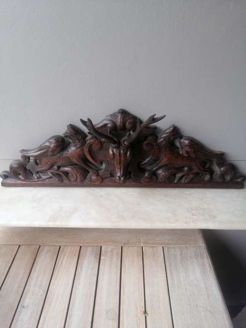 19C  HAND-CARVED FRENCH OAK PEDIMENT DEPICTING A STAG BETWEEN TWO GRYPHONS