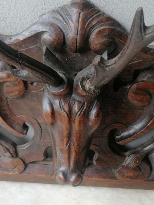 19C  HAND-CARVED FRENCH OAK PEDIMENT DEPICTING A STAG BETWEEN TWO GRYPHONS