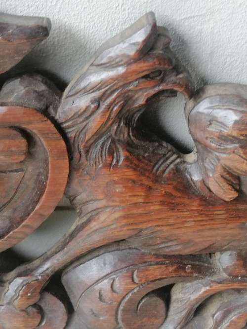 19C  HAND-CARVED FRENCH OAK PEDIMENT DEPICTING A STAG BETWEEN TWO GRYPHONS