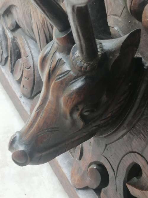 19C  HAND-CARVED FRENCH OAK PEDIMENT DEPICTING A STAG BETWEEN TWO GRYPHONS