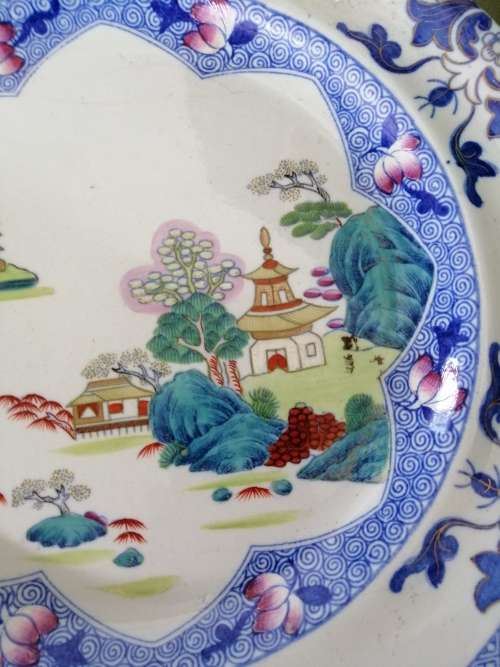 LATE GEORGIAN SPODE PLATE ,IRONSTONE,`LANDSCAPE` CHINOISERIE