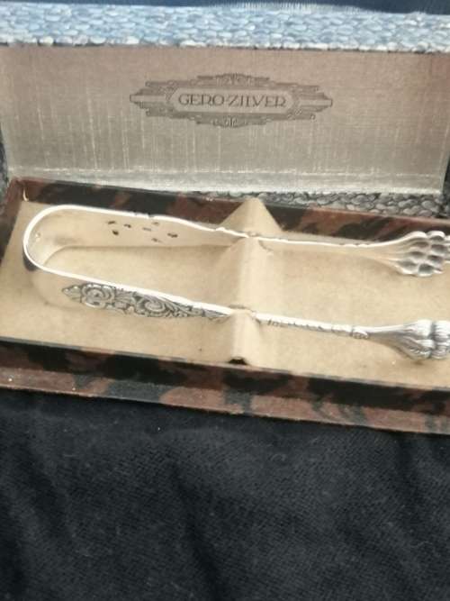 BOXED ANTIQUE DUTCH SILVER PLATED SUGAR TONGS