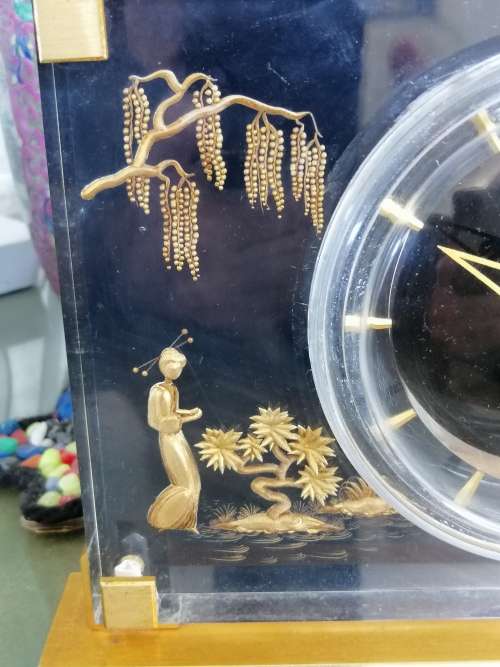 STUNNING MID CENTURY LUCITE AND BRASS CHINOISERIE MANTEL CLOCK CIRCA 1960