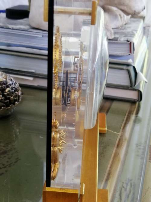 STUNNING MID CENTURY LUCITE AND BRASS CHINOISERIE MANTEL CLOCK CIRCA 1960