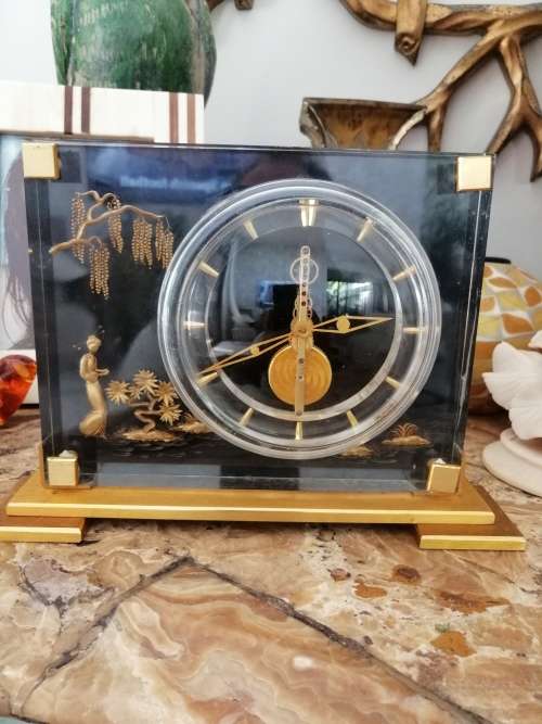 STUNNING MID CENTURY LUCITE AND BRASS CHINOISERIE MANTEL CLOCK CIRCA 1960